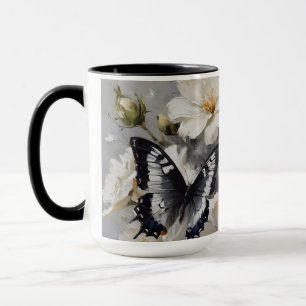 Black And White Butterflies On White Flowers, Mug