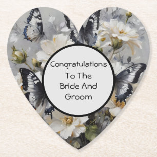 Black And White Butterflies On White Flowers, Paper Coaster