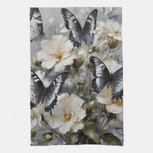Black And White Butterflies On White Flowers, Tea Towel