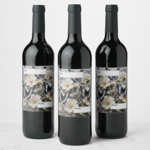 Black And White Butterflies On White Flowers, Wine Label