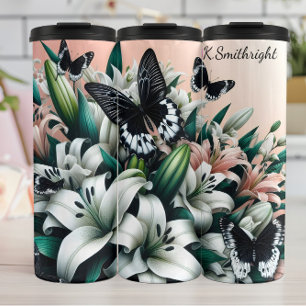 Black and White Butterflies on White Lilies Thermal Tumbler