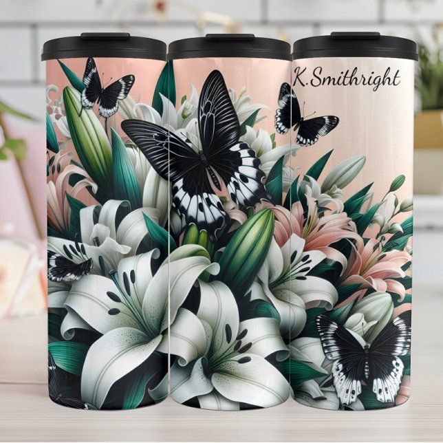Black and White Butterflies on White Lilies Thermal Tumbler (Creator Uploaded)