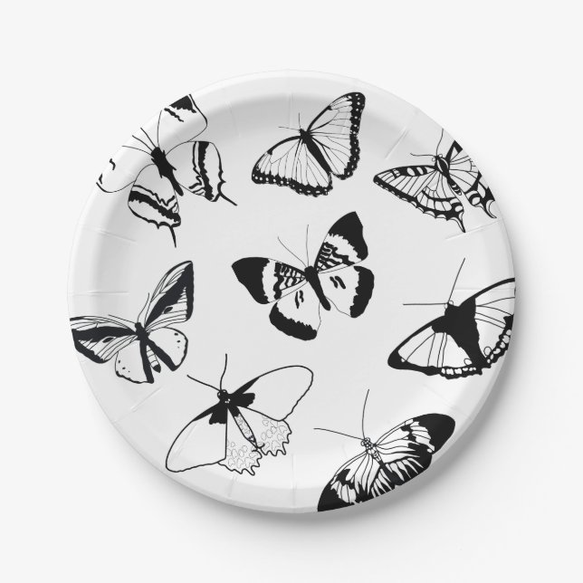 Black and White Butterflies Paper Plate (Front)