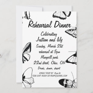 Black and White Butterflies Rehearsal Dinner  Invitation