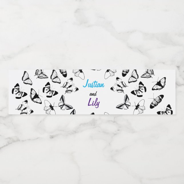 Black and White Butterflies wedding Water Bottle Label (Single Label)