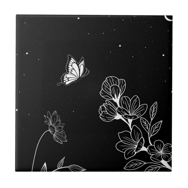 Black and White Butterfly and Flowers at Night Art Ceramic Tile (Front)