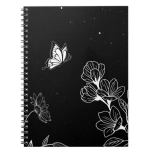 Black and White Butterfly and Flowers at Night Art Notebook