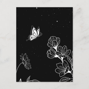 Black and White Butterfly and Flowers at Night Art Postcard