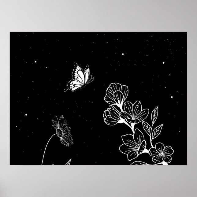 Black and White Butterfly and Flowers at Night Art Poster (Front)