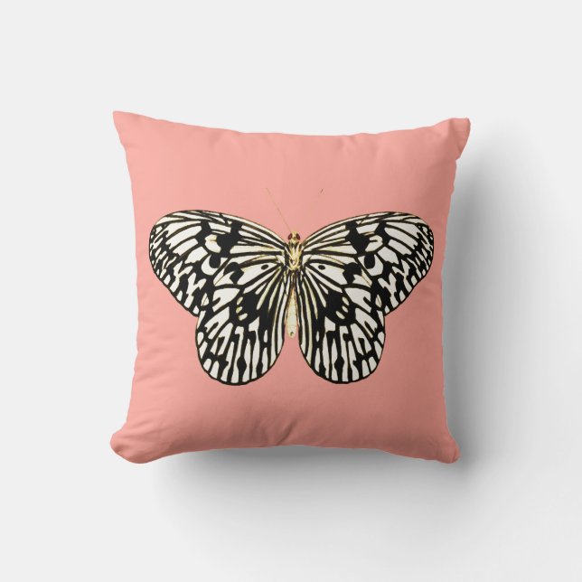 Black and white butterfly,coral pink background cushion (Front)
