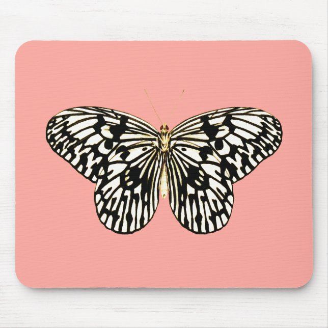 Black and white butterfly,coral pink background mouse pad (Front)