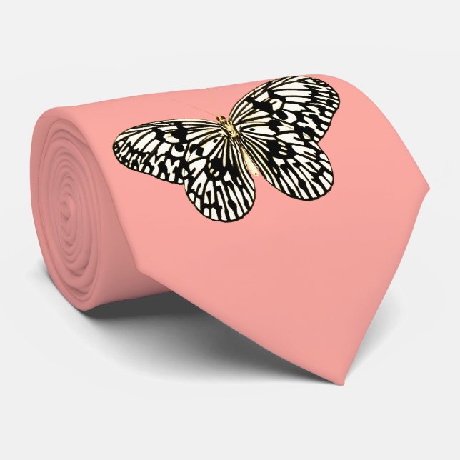 Black and white butterfly,coral pink background tie (Rolled)