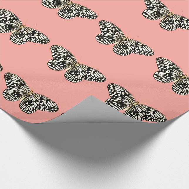 Black and white butterfly,coral pink background wrapping paper (Corner)