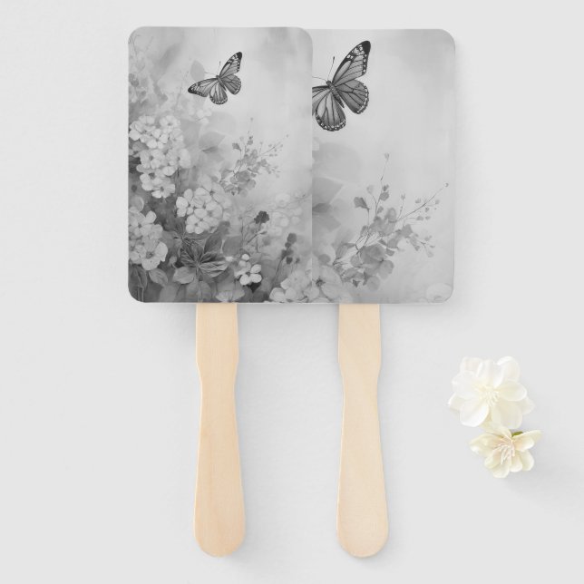 Black and White Butterfly Hand Fan (Front and Back)