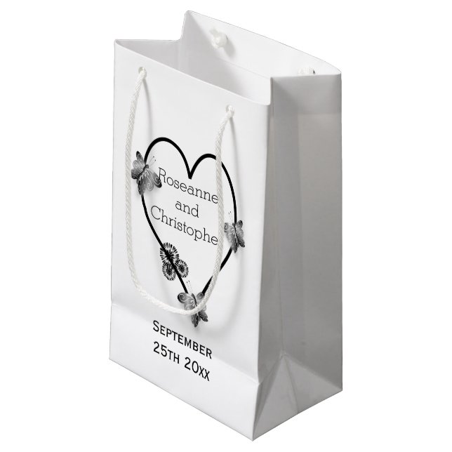 Black And White Butterfly Heart Design Wedding Small Gift Bag (Front Angled)