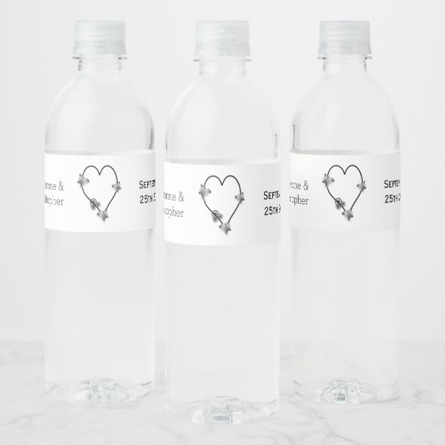 Black And White Butterfly Heart Design Wedding Water Bottle Label (Bottles)