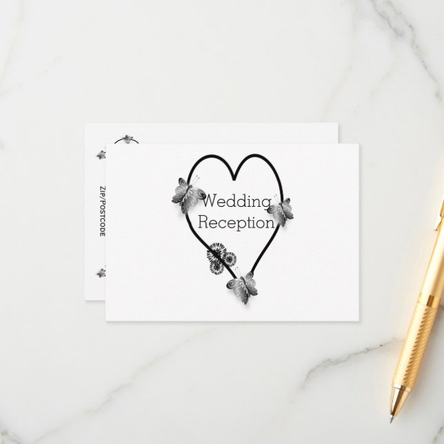 Black And White Butterfly Heart Wedding Reception Enclosure Card (Front/Back In Situ)