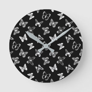 Black and White Butterfly illustration Black Round Clock