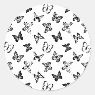 Black and White Butterfly illustration White Classic Round Sticker