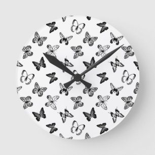 Black and White Butterfly illustration White Round Clock