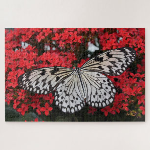 Black and White Butterfly in Red Flower Bush Jigsaw Puzzle