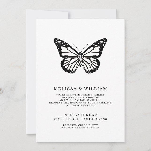 Black and White Butterfly Modern Wedding Invitation (Front)