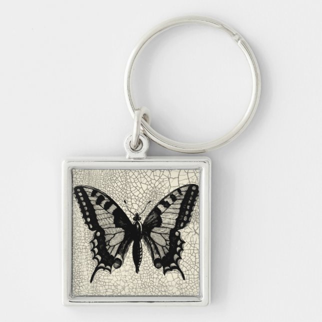 Black and White Butterfly on Cracked Background Key Ring (Front)