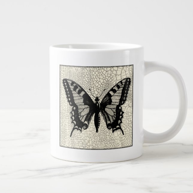 Black and White Butterfly on Cracked Background Large Coffee Mug (Right)