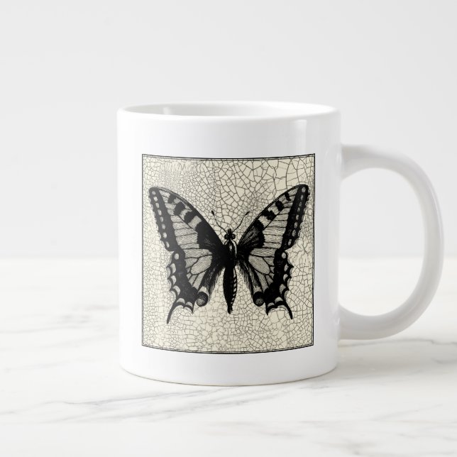 Black and White Butterfly on Cracked Background Large Coffee Mug (Right)