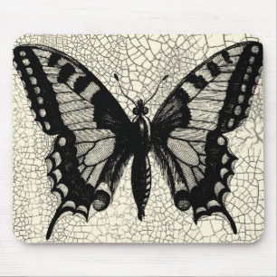 Black and White Butterfly on Cracked Background Mouse Pad