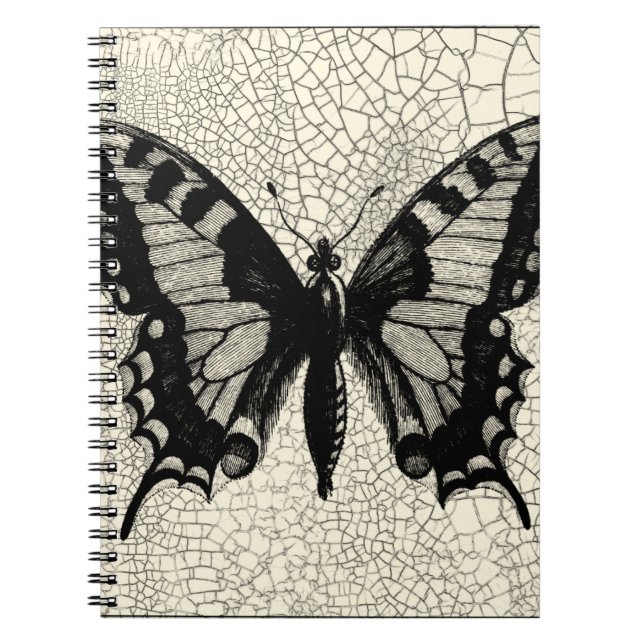 Black and White Butterfly on Cracked Background Notebook (Front)