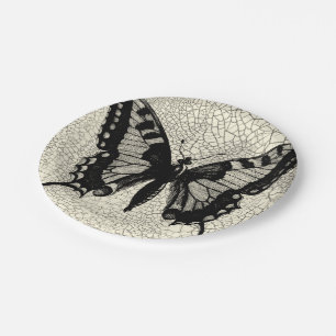 Black and White Butterfly on Cracked Background Paper Plate