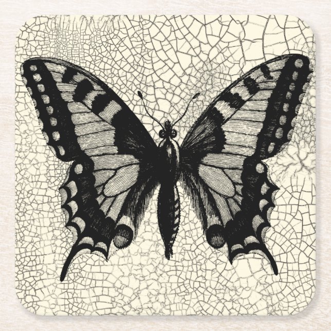 Black and White Butterfly on Cracked Background Square Paper Coaster (Front)