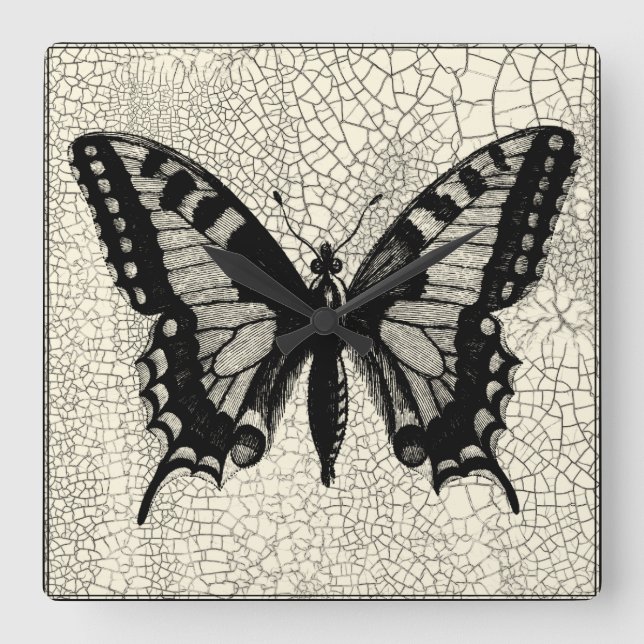 Black and White Butterfly on Cracked Background Square Wall Clock (Front)