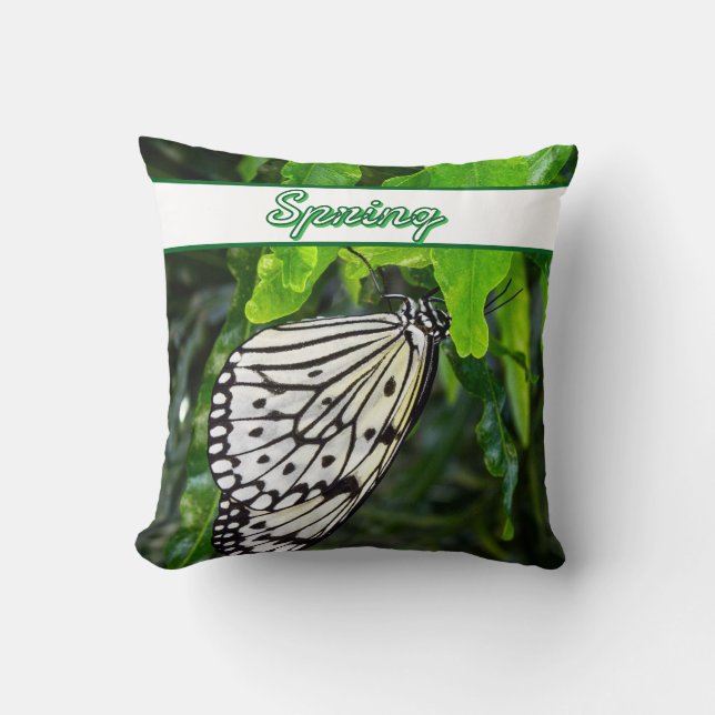 Black and White Butterfly on Green Custom Name Cushion (Front)