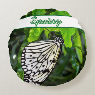 Black and White Butterfly on Green Custom Name Round Cushion