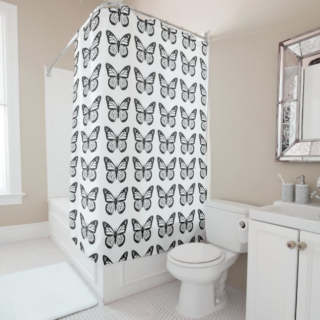 Black and White Butterfly Pattern Shower Curtain (In Situ)