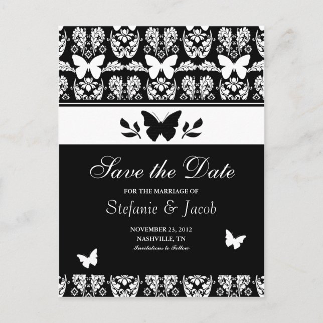 Black and White Butterfly Save The Date Postcard (Front)