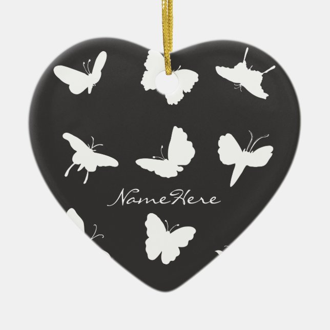 Black and White Butterfly Silhouettes Ceramic Tree Decoration (Front)