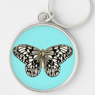 Black and white butterfly, turquoise background key ring