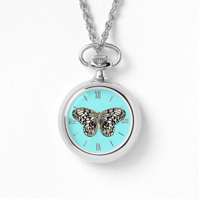 Black and white butterfly, turquoise background watch (Front)