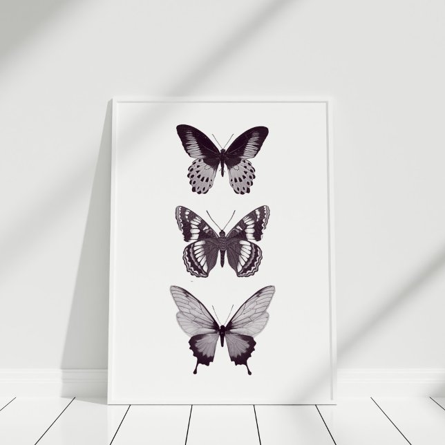 Black and White Butterfly Wall Art Print (Black and White Minimalist Butterfly Poster in a white frame.)