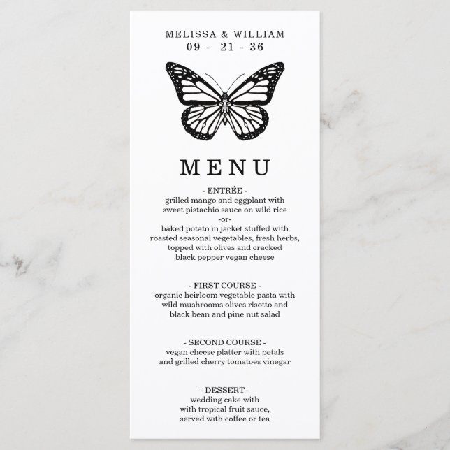 Black and White Butterfly Wedding Menu (Front)