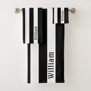 Black and White Cabana Stripes Personalised Bath Towel Set