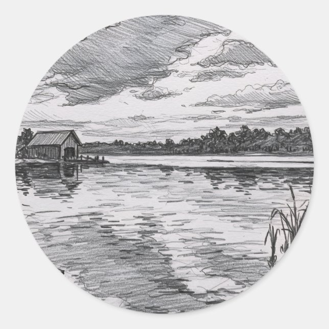 Black and White Cabin by the Lake Classic Round Sticker (Front)