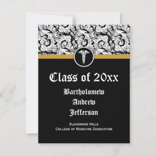 Black and White Caduceus Medical School Graduation Invitation