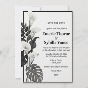 Black and White Calla Lilies, Monstera Leaves, Bol Invitation