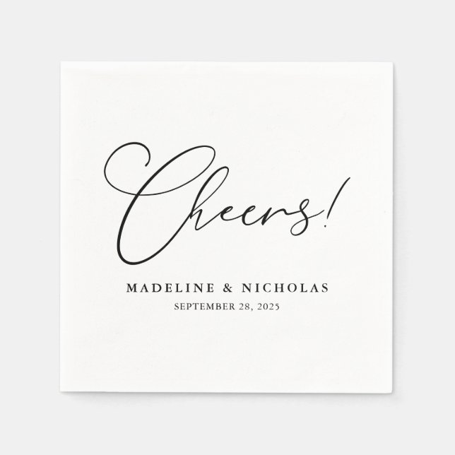 Black And White Calligraphy Cheers! Modern Wedding Napkin (Front)