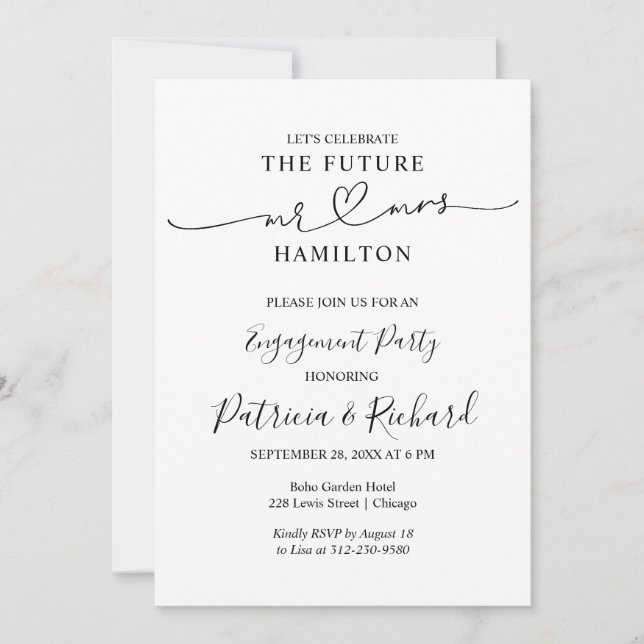 Black And White Calligraphy Engagement Party  Announcement (Front)