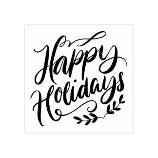 Black and White Calligraphy Happy Holidays Rubber Stamp